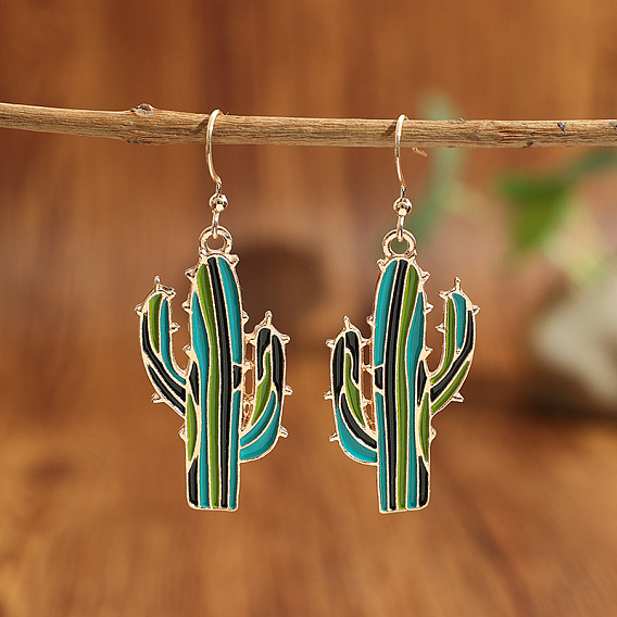 Alloy Enamel Dangle Earrings, Cactus, Golden