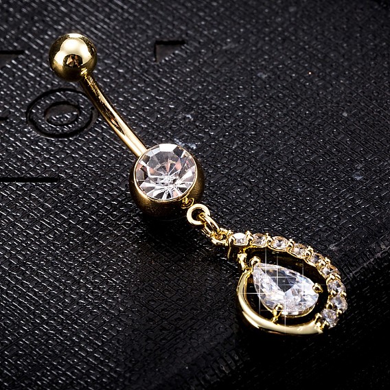 Пирсинг украшения, латунное кольцо пупка с фианитом, кольца живота, с 304 стержнем из нержавеющей стали, без кадмия и без свинца, капля