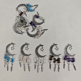 10Pcs 5 Styles Opalite & Synthetic Turquoise & Natural Amethyst & Tiger Eye & Rose Quartz Chip and Alloy Hollow Moon Big Pendants, Woven with Feather Charms, Antique Silver