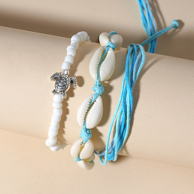 Handmade White Rice Beads Beaded Rope Shell Blue Rope Braided Turtle Bracelet Women