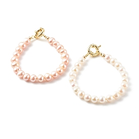 Round Natural Cultured Freshwater Pearl Beaded Bracelets, with Brass Spring Ring Clasps, Real 18K Gold Plated