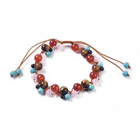 Braided Bead Bracelets, with Glass Beads, Natural Rose Quartz & Tiger Eye & Carnelian(Dyed & Heated) & Black Agate(Dyed) & Synthetic Turquoise Beads and Braided Nylon Thread