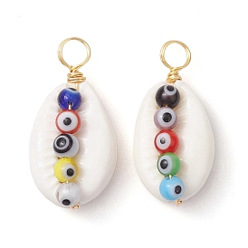 Natural Cowrie Shell Pendants, Handmade Lampwork Evil Eye Copper Wire Wrapped Shell Shape Charms, Real 18K Gold Plated