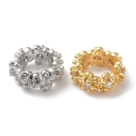 Brass Micro Pave Cubic Zirconia European Style Beads, Large Hole Beads, Ring with Flower