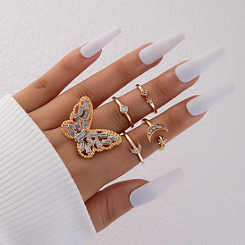 Sparkling Butterfly Diamond Ring Set with Star and Moon Design - 5 Pieces