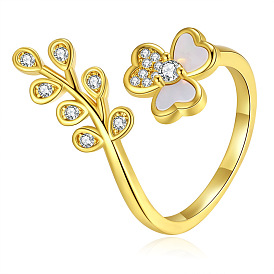 Clear Cubic Zirconia Clover & Leaf Open Cuff Ring with Shell, Brass Jewelry for Women