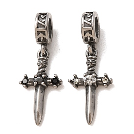 316 Surgical Stainless Steel & Rhinestone European Dangle Charms, Dagger, Antique Silver
