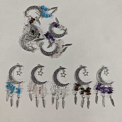10Pcs 5 Styles Opalite & Synthetic Turquoise & Natural Amethyst & Tiger Eye & Rose Quartz Chip and Alloy Hollow Moon Big Pendants, Woven with Feather Charms, Antique Silver