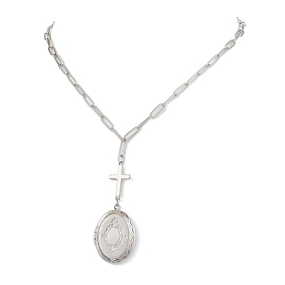 Ожерелья с подвесками из латуни в форме креста и овального медальона, 304 женские ожерелья-цепочки со скрепками из нержавеющей стали