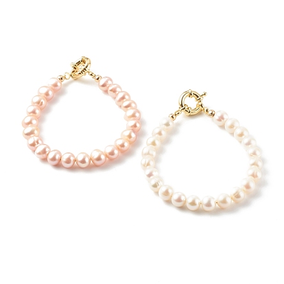 Round Natural Cultured Freshwater Pearl Beaded Bracelets, with Brass Spring Ring Clasps, Real 18K Gold Plated