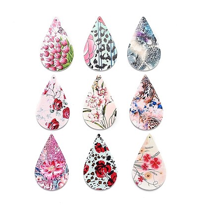 Printed Wooden Big Pendants, Dyed, Teardrop with Flower Pattern