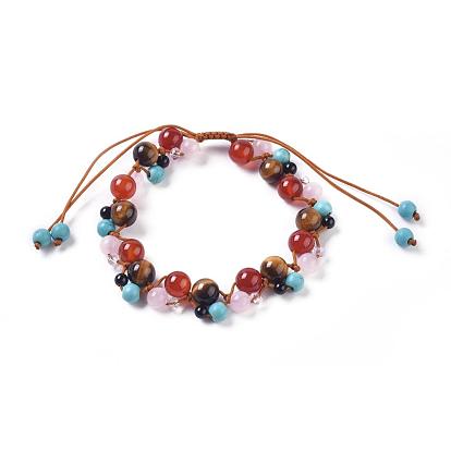 Braided Bead Bracelets, with Glass Beads, Natural Rose Quartz & Tiger Eye & Carnelian(Dyed & Heated) & Black Agate(Dyed) & Synthetic Turquoise Beads and Braided Nylon Thread