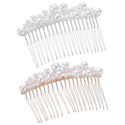 2Pcs 2 Colors ABS Plastic Imitation Pearl Hair Combs, with Alloy Base, Bridal Tiaras for Wedding