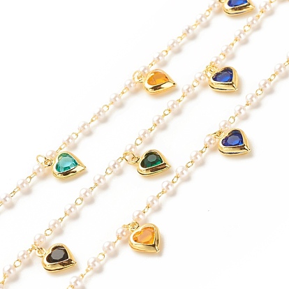 Brass Cable Chains, with ABS Pearl Beaded and Glass Heart Charms, Long-Lasting Plated, Soldered, with Spool