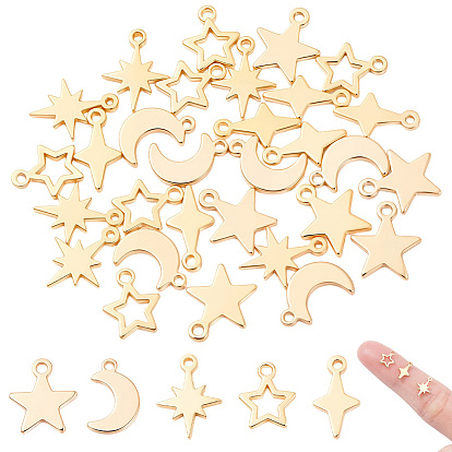 40Pcs 5 Styles Brass Pendants, Mixed Shape Charms