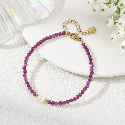 Natural Ruby Faceted Round Beaded Bracelets for Women, with Natural Cultured Freshwater Pearl Rice Beads, Golden