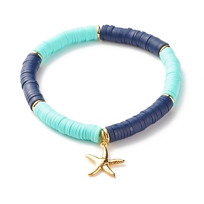Handmade Polymer Clay Heishi Beads Stretch Bracelets Set, Surfering Bracelet, Starfish & Shell Shape Charm Bracelets for Women, Golden