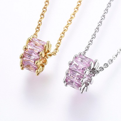 Brass Micro Pave Cubic Zirconia Pendant Necklaces, with 304 Stainless Steel Chain