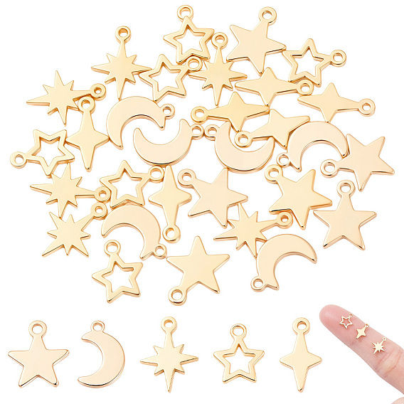 40Pcs 5 Styles Brass Pendants, Mixed Shape Charms