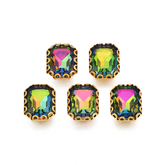 Sew on Rhinestone, Transparent Glass Rhinestones, with Iron Prong Settings, AB Color Plated, Faceted, Rectangle