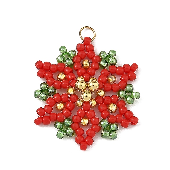 Christmas Brass & Glass Seed Beaded Pendants, Snowflake
 Charms, with 304 Stainless Steel Open Jump Rings