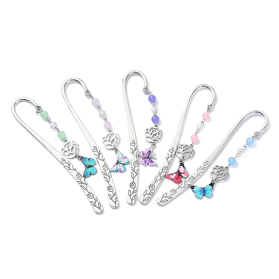 Закладки из сплава с круглыми бусинами из натурального и окрашенного малайзийского нефрита, закладка с цветочным крючком, кулон с бабочкой книжный маркер