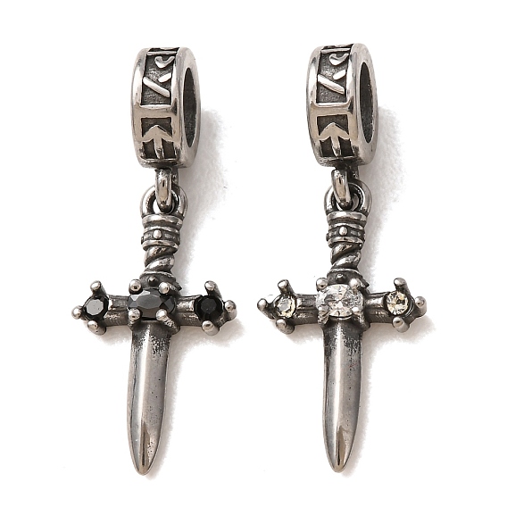 316 Colgantes europeos de acero inoxidable quirúrgico y diamantes de imitación, daga, plata antigua