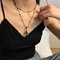 Cross Pendant Necklace with Dark Black Zircon Beads - Unique Design, Cool and Sweet