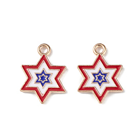 Independence Day Alloy Enamel Pendants, Star Charms, Light Gold