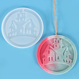 DIY Pendants Silicone Molds, Resin Casting Molds, UV Resin, Epoxy Resin Craft Making, Halloween Theme, Flat Round with Haunted House