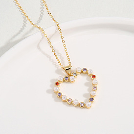 Luxury Heart-shaped Necklace with Colorful Gems, Zirconia Stones and Pearls for Women