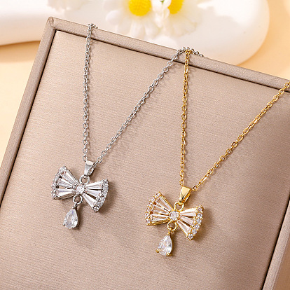 Brass Pave Clear Cubic Zirconia Bowknot Pendant Necklaces, with 304 Stainless Steel Cable Chains