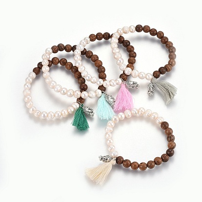 Cotton Thread Tassels Charm Stretch Bracelets, with Natural Shell Pearl, Wood Beads and Tibetan Style Alloy Buddha Beads