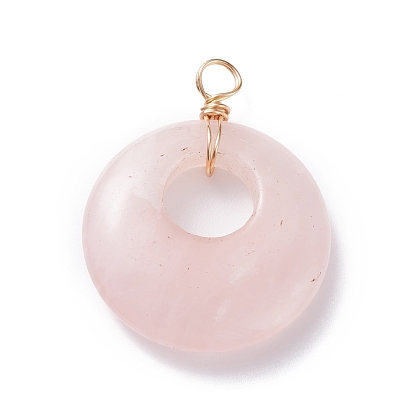 Naturel a augmenté pendentifs en quartz, avec fil de cuivre doré clair enroulé, donut