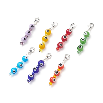 7 Chakra Handmade Lampwork Evil Eye Beaded Pendant Decorations, Zinc Alloy Lobster Clasp Charms with Glass Faceted Beads, Clip-on Charms