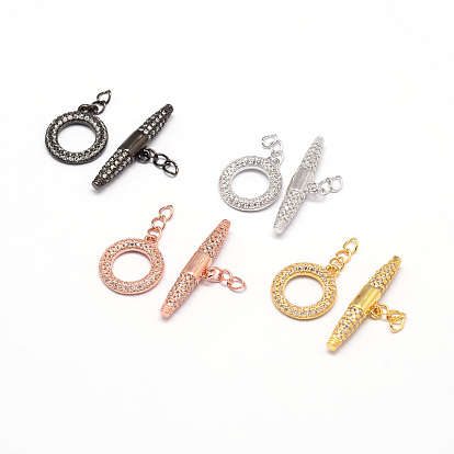 Brass Micro Pave Cubic Zirconia Ring Toggle Clasps, Cadmium Free & Nickel Free & Lead Free, 16x14x2mm, Hole: 3x2mm, 6x26x4mm, Hole: 3x2mm
