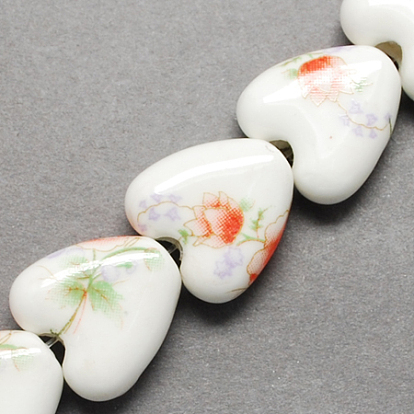 Handmade Printed Porcelain Beads, Heart, 15x15x7mm, Hole: 3mm