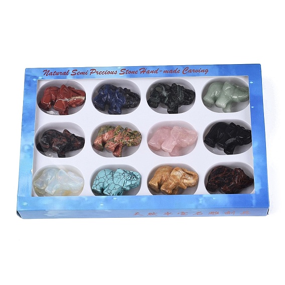 Natural & Synthetic Mixed Gemstone Elephant Figurines Set, Ornament for Home Office Desktop Decoration, with Paper Gift Box