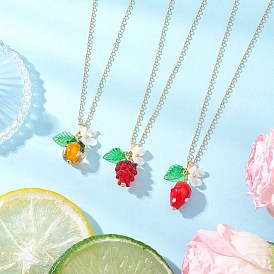 3 шт. 3 стили ручная работа лэмпворк фрукты подвеска латунный кабель цепь ожерелья, хурма виноград клубника, золотые