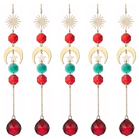 Glass Teardrop & Octagon Window Hanging Suncatchers, Brass Sun & Moon & Star Pendants Decorations, Christmas Theme Ornaments