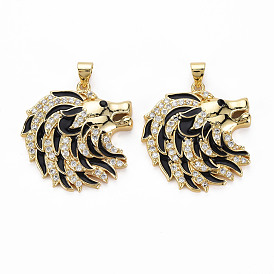 Brass Micro Pave Clear Cubic Zirconia Pendants, with Enamel, Nickel Free, Wolf