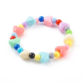 Acrylic Kids Bracelets, Stretch Beaded Bracelets, with Heart Plastic Beads