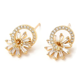 Rack Plating Brass Ring with Flower Stud Earrings with Cubic Zirconia, Lead Free & Cadmium Free