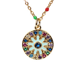 Colorful Cubic Zirconia Flower Pendant Necklace with Enamel, Stainless Steel Jewelry for Women