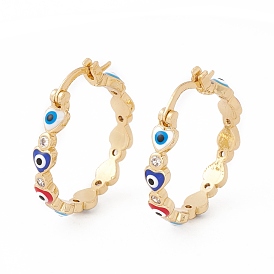 Colorful Heart with Evil Eye Enamel Hoop Earrings with Clear Cubic Zirconia, Brass Jewelry for Women, Lead Free & Cadmium Free