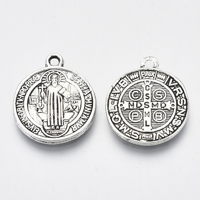 (TIBEB-A9489-AS-FF) Tibetan Style Alloy Pendants, Saint Benedict Medal, Cadmium Free & Lead Free, Flat Round