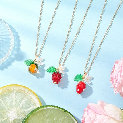 3 шт. 3 стили ручная работа лэмпворк фрукты подвеска латунный кабель цепь ожерелья, хурма виноград клубника, золотые
