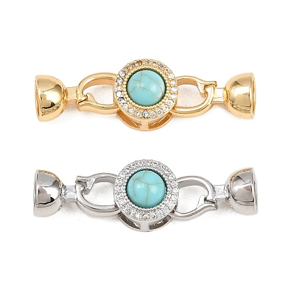 Латунное микропейв, прозрачный кубический цирконий, складные застежки, с синтетическими бирюзовый, плоско-круглые