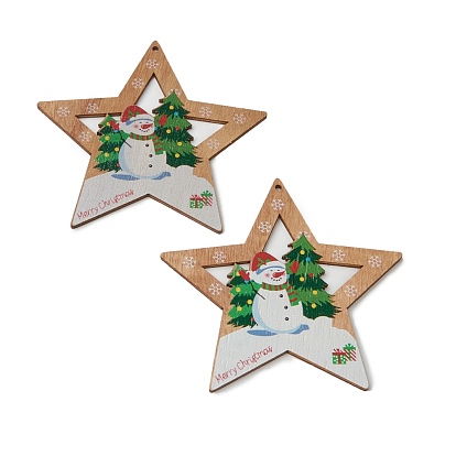 Christmas Theme Natural Wood Big Pendants, Star with Snowman & Word Merry Christmas