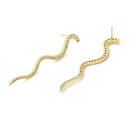 Clear Cubic Zirconia Long Wave Dangle Stud Earrings, Brass Jewelry, Lead Free & Cadmium Free